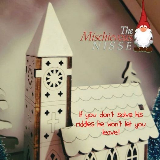 The Mischievous Nisse escape room artwork: a small red-hatted gnome beside a miniature snow-covered church, with the line "If you don't solve his riddles he won't let you leave!"